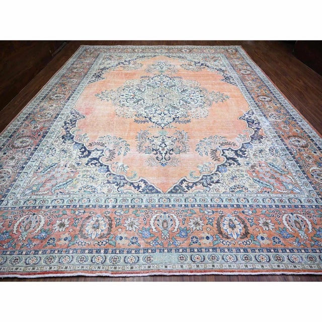 1960 12'2"x15'2" Orange Pure Wool Hand Knotted Vintage Tabriz Oversized Oriental Rug For Sale In New York - Image 6 of 12