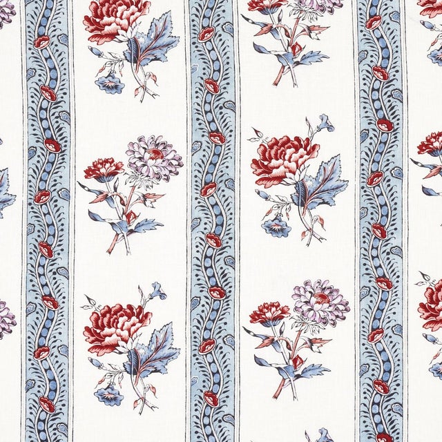 Sample - Schumacher Ariana Floral Stripe Fabric in Pearlware Blue For Sale
