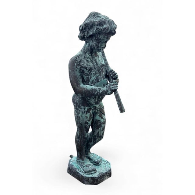 1990s Vintage-Style Bronze Boy Playing Flute Fountain With Verdigris Patina For Sale - Image 5 of 9