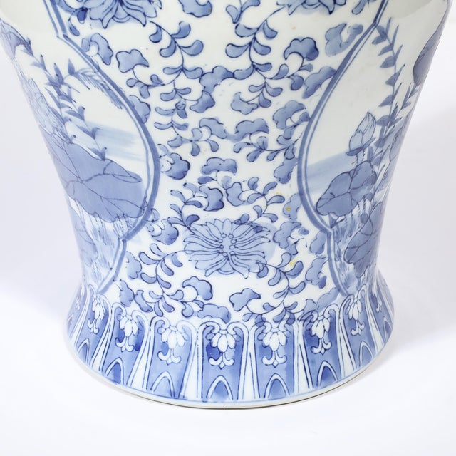 Chinese Hand Painted Blue and White Fudog and Flower Temple Jar For Sale - Image 12 of 18
