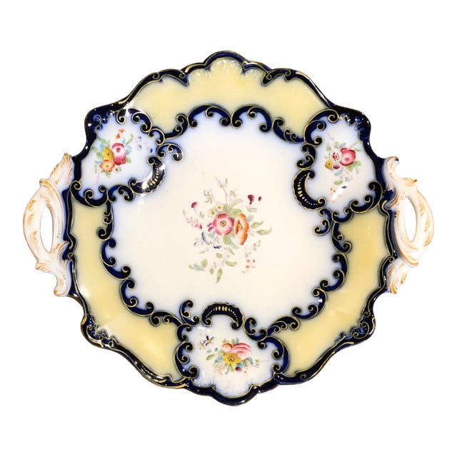Antique Cauldon Place Works "Talbot Dessert" Bone China Yellow and Blue Platter For Sale