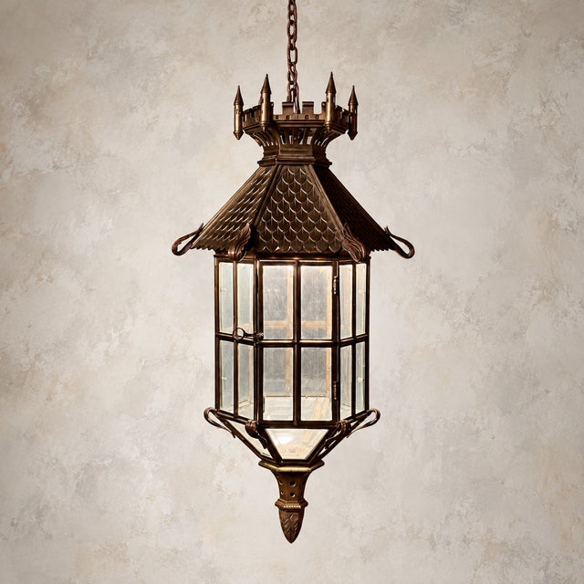Gothic Revival Bronze Hanging Lantern with Castellated Crown, 1930s For Sale - Image 9 of 12