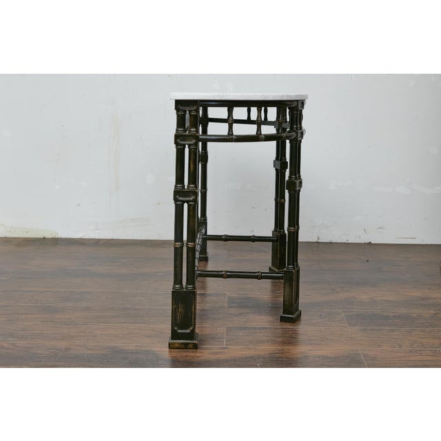 English Midcentury Demilune Table with Ebonized Bamboo Base, White Marble Top For Sale - Image 12 of 12