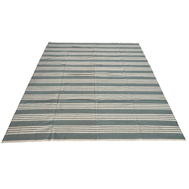 Casa Cosima Handmade Woolen Flat Weave Rug, Blueish Grey and White Striped Wool Rug - 8'x10' For Sale - Image 4 of 13