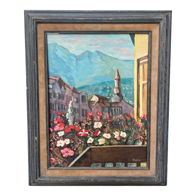 Framed European Mountain Village Oil Painting, Signed "Kyung" For Sale