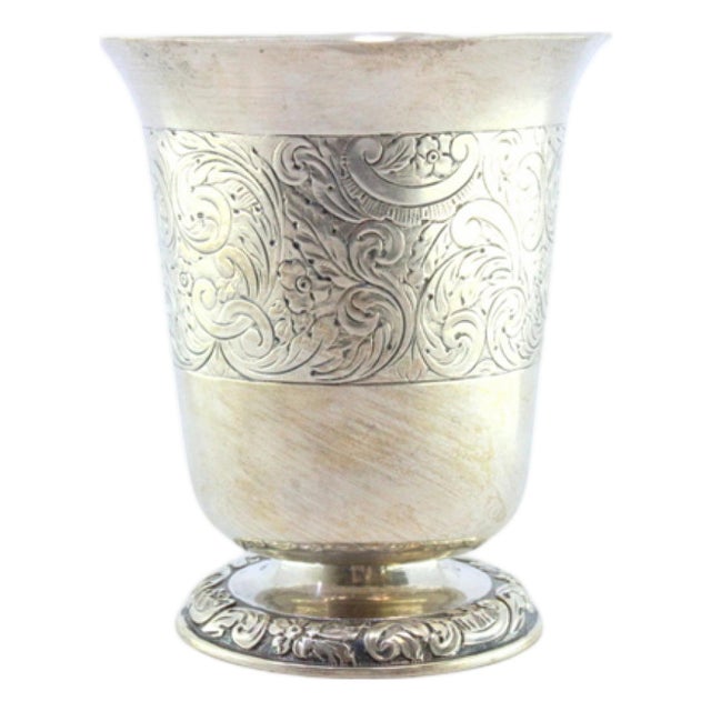 Silver Chalice with Engravings and Raised Base with Floral Motifs For Sale