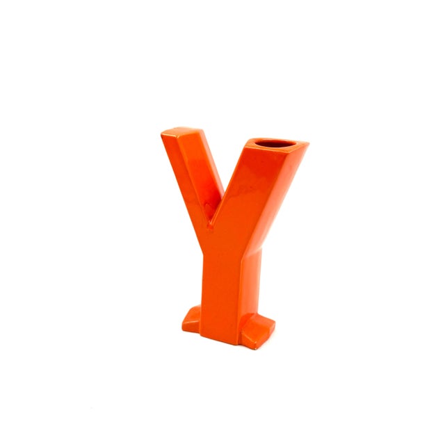 Mid-Century Modern Space Age Orange Y Letter Shaped Ceramic Solifleur Vase, Marcel Radureau France, Circa 1970 For Sale - Image 3 of 13