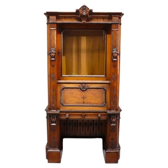 Late 19th Century Rare Antique Victorian Egyptian Revival Figural Carved Walnut Secretary C1880 For Sale - Image 5 of 18