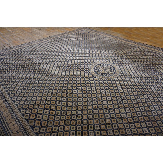 Rectangle Wool Allover Geometric Hand Knotted Pile 1920s Large Antique Blue Rug For Sale - Image 10 of 11