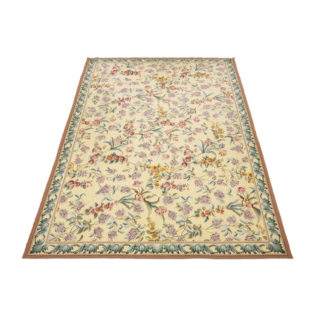 French 1990s Handcrafted French Aubusson Wool Rug in Pale Yellow With Floral Design For Sale - Image 3 of 12