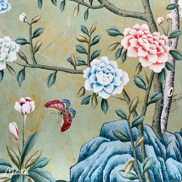 Vintage Chinoiserie Floral Birds Garden Green Wallpaper Panel Wall Art, Wall Decor - Set of 3 For Sale - Image 6 of 8