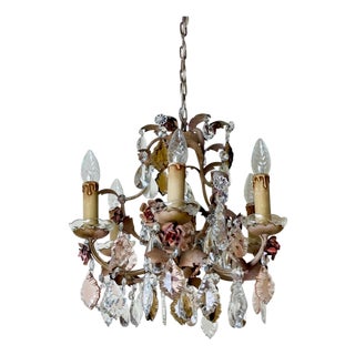 Hollywood Regency Crystal 6-Arm Chandelier with Hand-Painted Rose Details from Palwa, 1950s For Sale