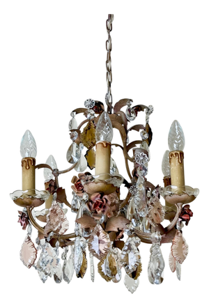 Hollywood Regency Crystal 6-Arm Chandelier with Hand-Painted Rose Details from Palwa, 1950s