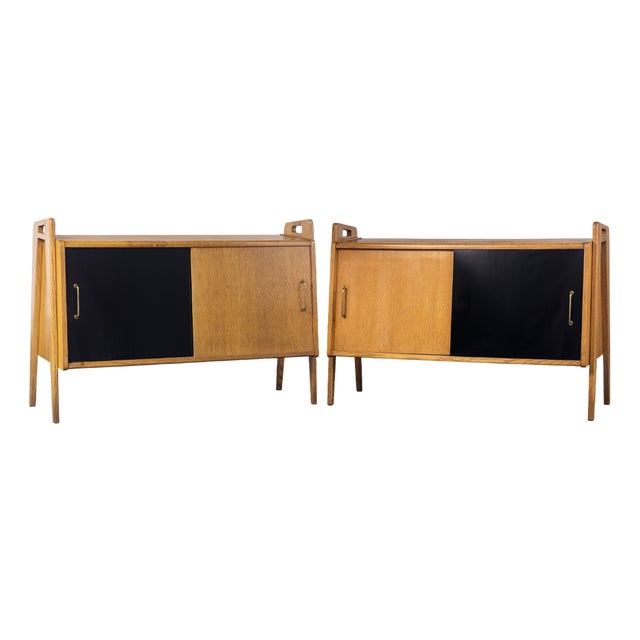 Oak Sloping Front Sideboards with Sliding Doors, 1950s, Set of 2 For Sale