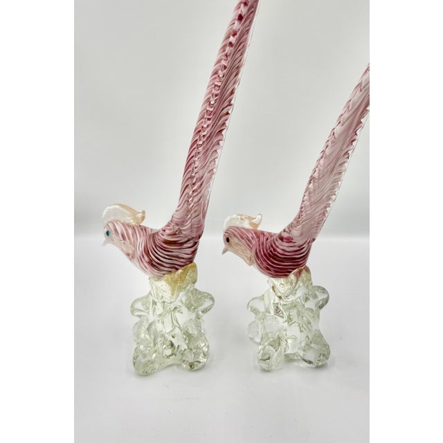 Pair of Vintage Italian Murano Pink Blown Glass Pheasant-Form Bird Sculptures For Sale - Image 4 of 6