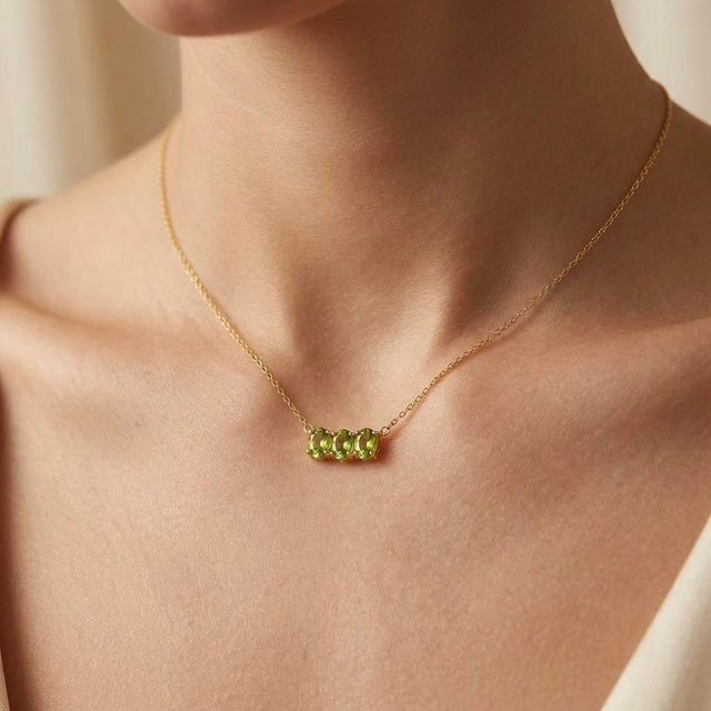 Contemporary Dainty Peridot Bar Necklace | Natural August Birthstone Chain Necklace | 3 StoneGemstone Dainty Boho Layering Necklace For Sale - Image 3 of 3
