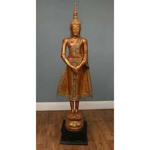 Black Thai Carved Standing Buddha Statue For Sale - Image 8 of 8