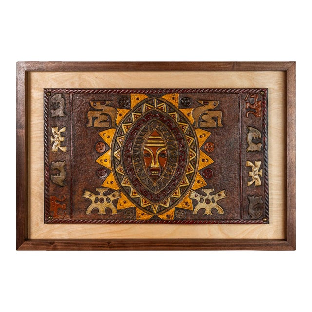 Mid-Century Modern Framed Embossed Leather Pre-Columbian Folk Art by Angel Pazmino, Equador, C. 1960's For Sale