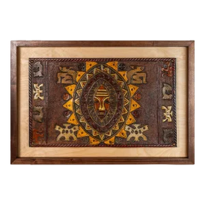 Mid-Century Modern Framed Embossed Leather Pre-Columbian Folk Art by Angel Pazmino, Equador, C. 1960's