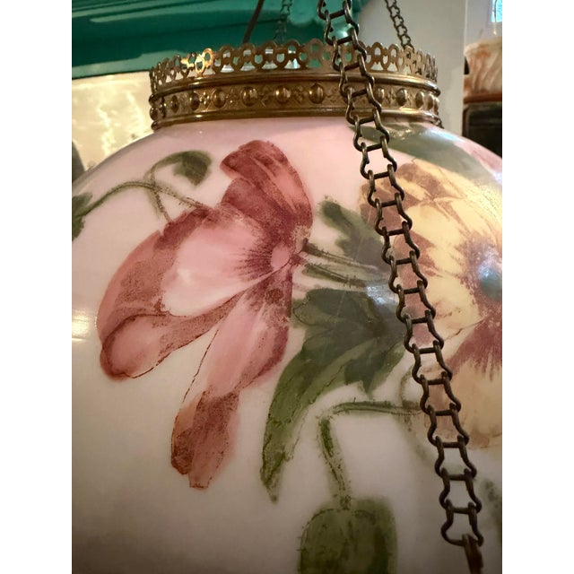Antique Victorian Floral Painted Glass & Brass Hanging Chandelier With Crystal Prisms For Sale - Image 11 of 16