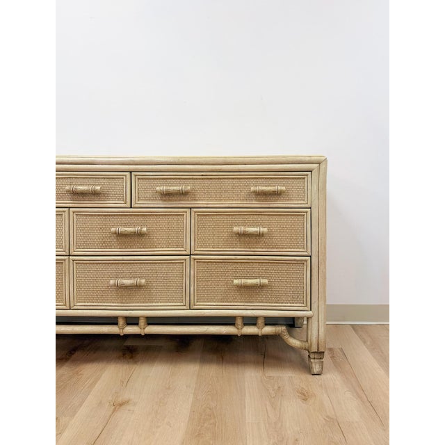 Wood Mid 20th Century Coastal Ficks Reed Style Faux Bamboo Woven Nine Drawer Dresser, Wicker For Sale - Image 7 of 13