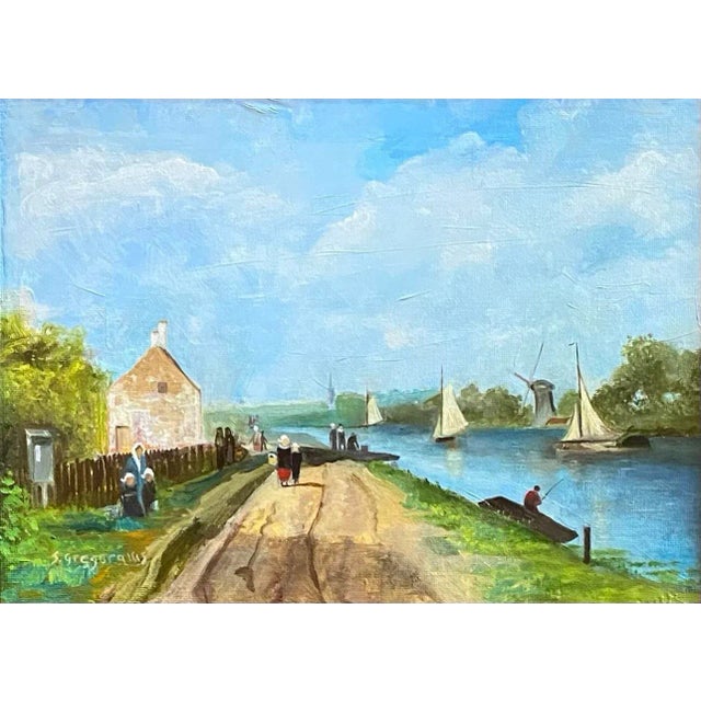 Oil painting on canvas of a Dutch genre scene highlighting people gathered around boats in the background, women, children...