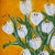 Charming original floral still life painting featuring white tulips arranged in a deep brown vase against a vibrant golden...