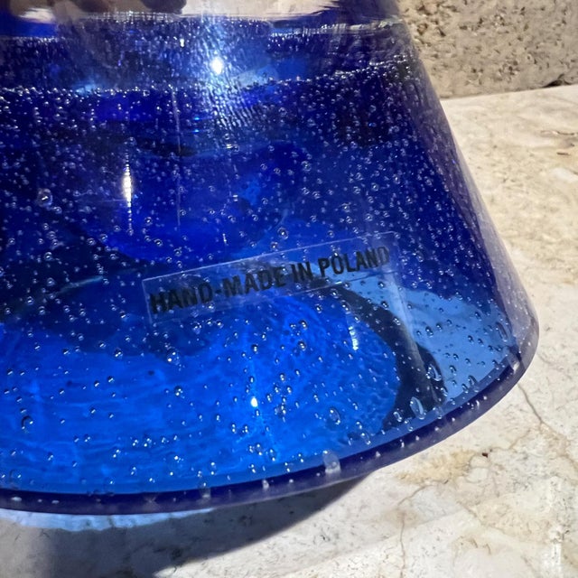 Mid-Century Modern 1970s Handmade Art Glass Blue Vase Poland For Sale - Image 3 of 6