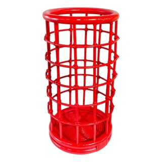 Vintage Lacquered Raspberry Red Mid Century Rattan Bamboo Umbrella Stick Stand For Sale