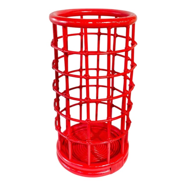 Vintage Lacquered Raspberry Red Mid Century Rattan Bamboo Umbrella Stick Stand For Sale