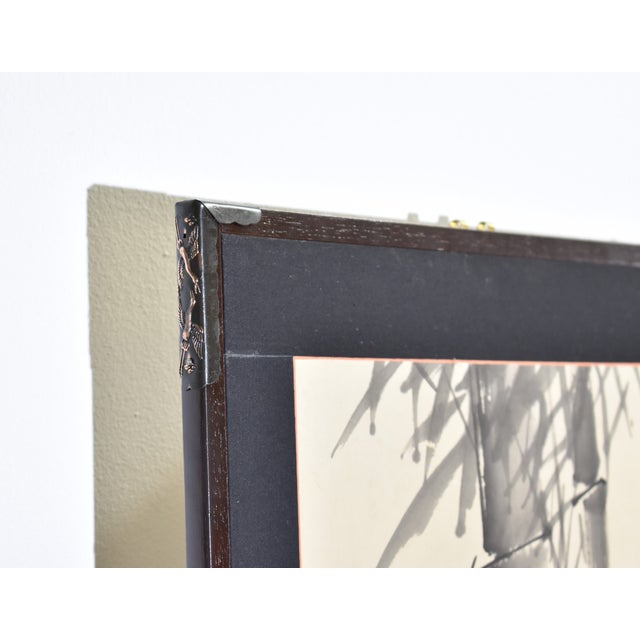 Black 1960s Chinese Bamboo Floral Scene 4 Panel Silk Folding Screen Watercolor Painting Signed For Sale - Image 8 of 15