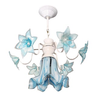 Vintage Murano Style Glass Chandelier, 1980s Blue Floral Lamp, Small Italian Ceiling Light For Sale