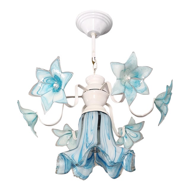 Vintage Murano Style Glass Chandelier, 1980s Blue Floral Lamp, Small Italian Ceiling Light For Sale