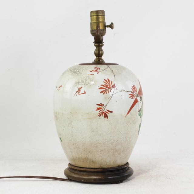 Chinese Famille Rose Antique Porcelain Vase Lamp With Bird and Floral Motif on Wood Base For Sale - Image 3 of 16