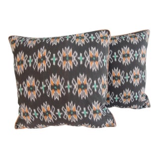 Vintage Woven Black and Orange Ikat Decorative Square Pillows - a Pair For Sale