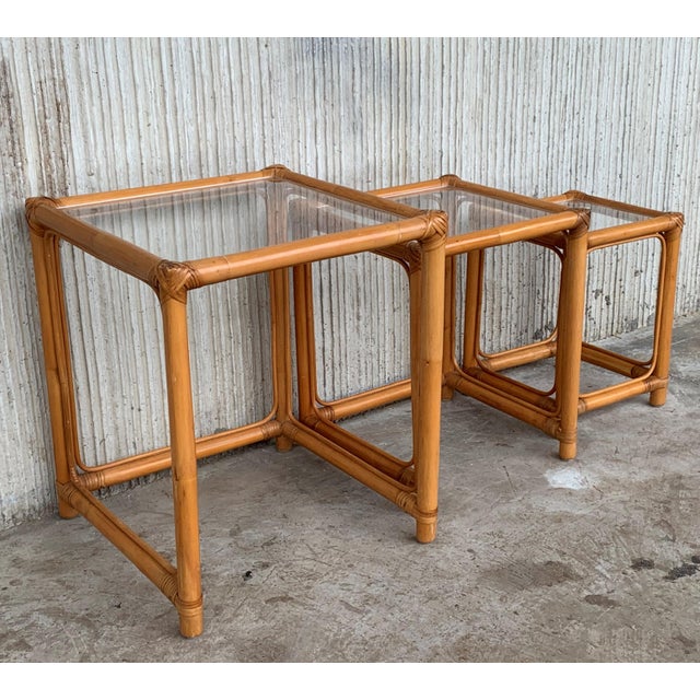 Mid-Century Modern Bamboo and Rattan Nesting Tables With Clear Glass Top For Sale - Image 3 of 8