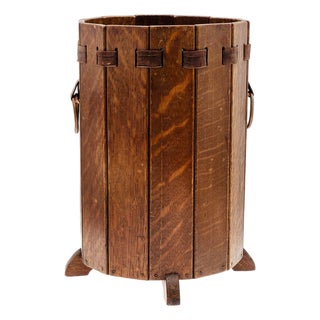 Antique Lakeside Craft Shops Arts & Crafts Quarter-Sawn Oak & Leather Wastebasket, C. 1912 For Sale