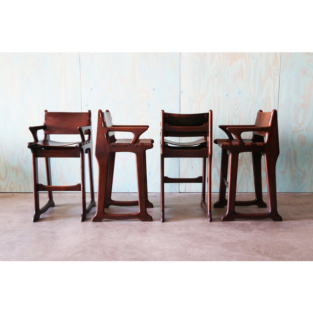 Mid-Century Modern 1960s Sergio Rodrigues Style Brazilian Barstools in Patinated Leather - Set of 4 For Sale - Image 3 of 15