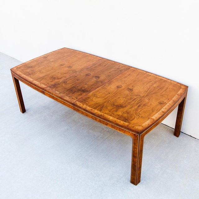 Restored 1970s parsons style dining table with two leaves by Mastercraft. With both leaves inserted, the Model 869 dining...