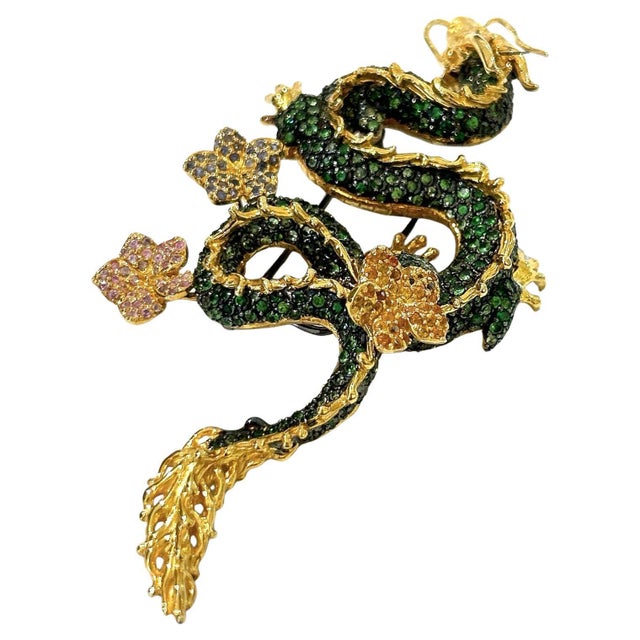 Bochic Dragon Vintage Sapphire & Tasvorite Brooch Set In 18K Gold & Silver For Sale - Image 15 of 18