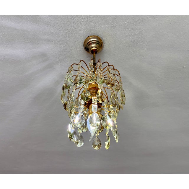 Brass 1970s French Style Hand-Painted Soft Green Crystal Waterfall Brass Chandelier For Sale - Image 8 of 9