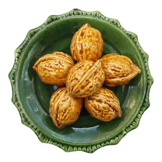 1910s Majolica Trompe l'Oeil Nuts Plate, Portuguese Palissy Ware For Sale