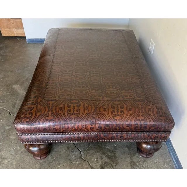 Spanish Colonial Style Embossed Leather Ottoman With Bun Feet For Sale - Image 4 of 12