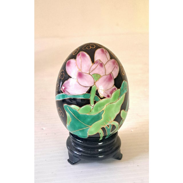 Vintage Chinese Cloisonné Enamel Floral Eggs W/Black Stands Set of 4 For Sale - Image 12 of 14