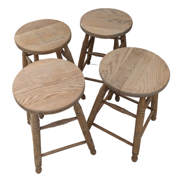 Late 20th Century Stripped Un-Stained Four (4) Virginia House Oak Bar Stools For Sale