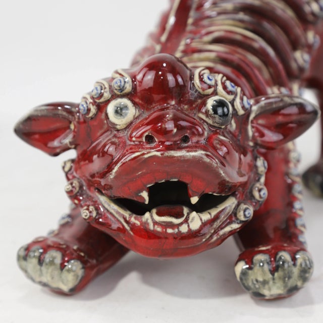 Pair of Chinese Shiwan Guangdong Red Porcelain Foo Dogs For Sale - Image 13 of 18