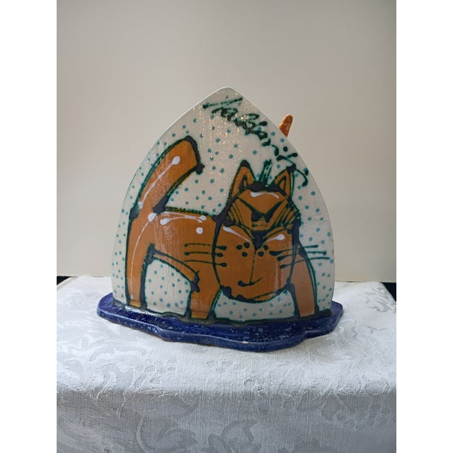 Vintage Signed "Kálmánia" Hand-Painted Ceramic Cat Napkin Holder – Whimsical Folk Art For Sale - Image 4 of 7