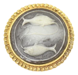Mid 20th Century Costume Pisces Fish Cameo Zodiac Gold-Tone Brooch