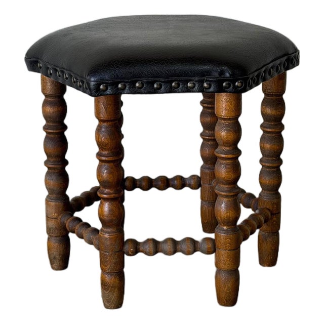 Black Leather Oak Ottoman With Nailhead Trim Spindle Legs Vintage Mid-Century Modern 1970s For Sale