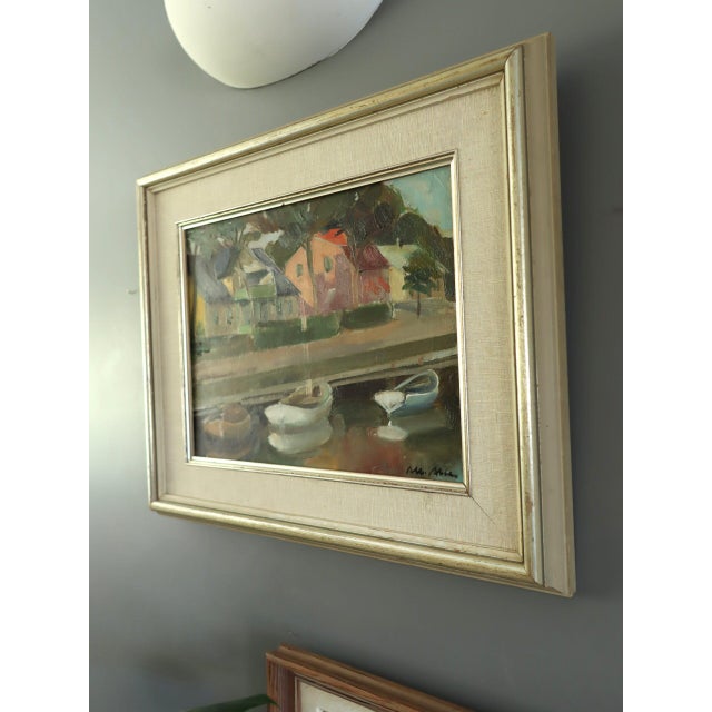 Paint Mid-Century Modern 'Houses by the Canal' Swdish Expressionist Landscape Oil Painting, Framed For Sale - Image 7 of 12